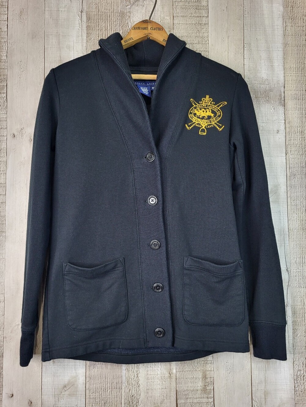 Vintage Ralph Lauren Navy Knit Shawl-Collar Blazer with Gold Crest Embroidery XS
